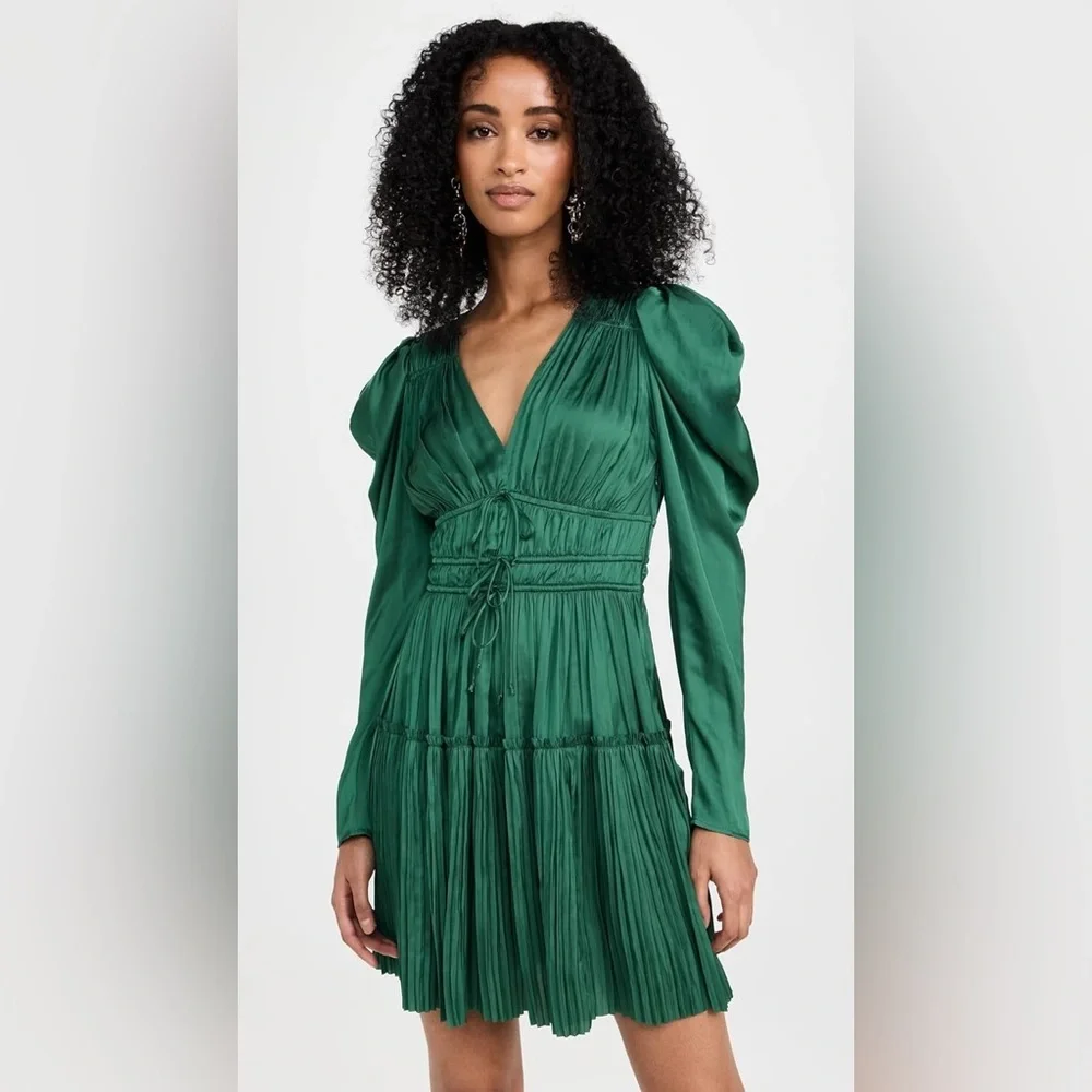 ULLA JOHNSON Lu Bow-Detailed Pleated Satin Mini Dress in Green sz US 0 NWT 590$ - Picture 4 of 14